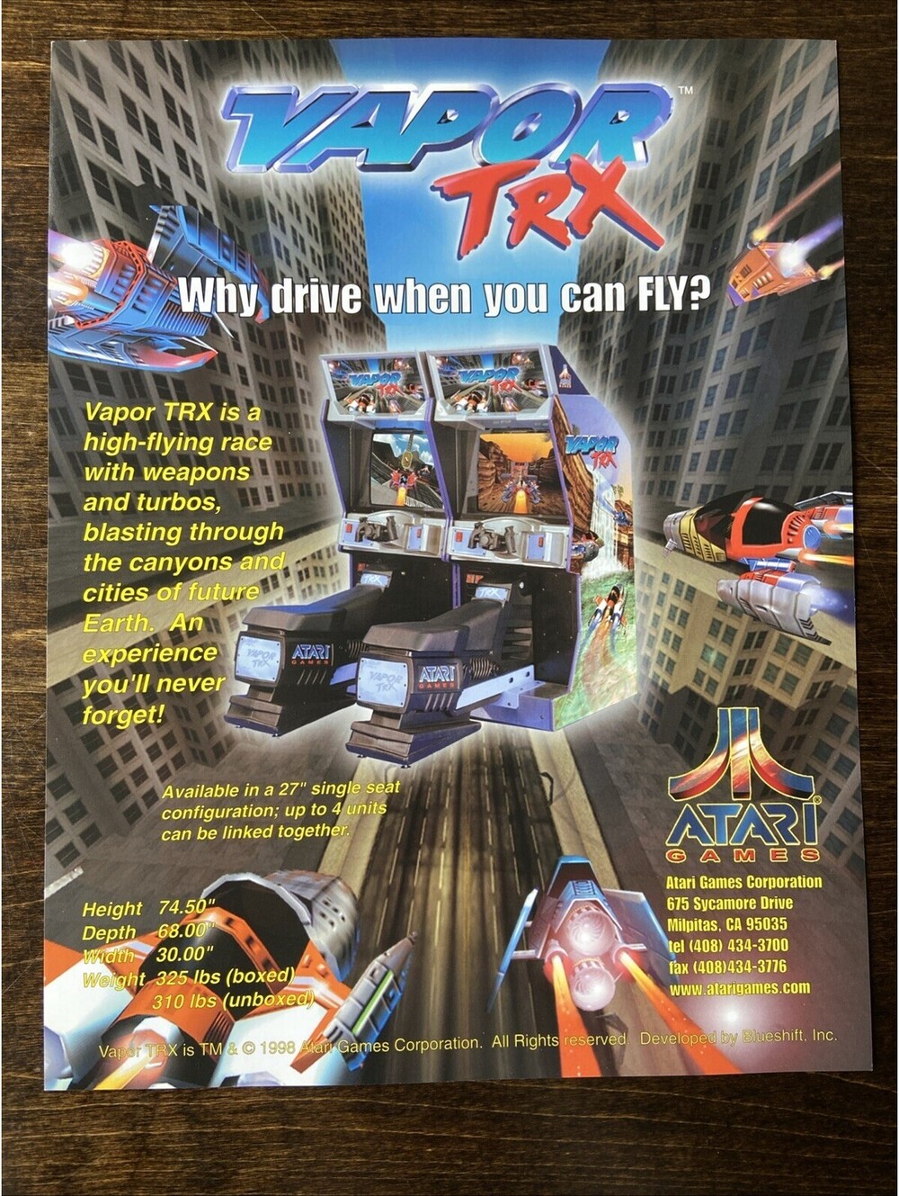 Atari Vapor Arcade Pinball FLYER Original Ad Promo 1998 Poster Not PCB